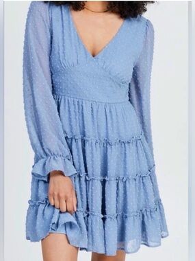 ARULA Light Blue Swiss Dot Tiered Mini Dress